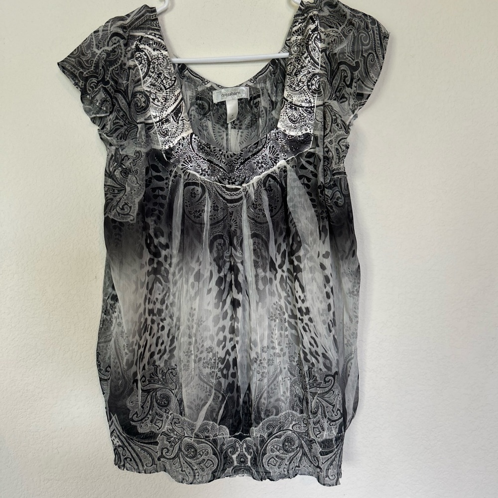 Vintage DressBarn Medium Semi Sheer Mixed Print With Bejeweled Neckline